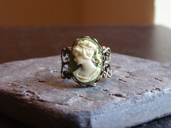 Green and ivory cameo filigree ring from Delicate Industry on Etsy Green cameo, filigree ring, vintage-inspired ring