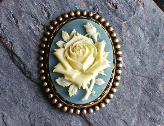 cameo brooch, blue and white brooch, vintage inspired fashion, Etsy jewellery, white rose brooch