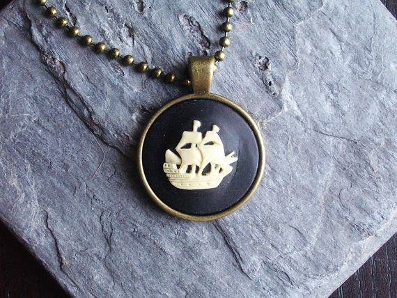 Ship necklace, boat jewelry, nautical fashion, cameo pendant necklace, pirate jewelry, sailor jewelry 