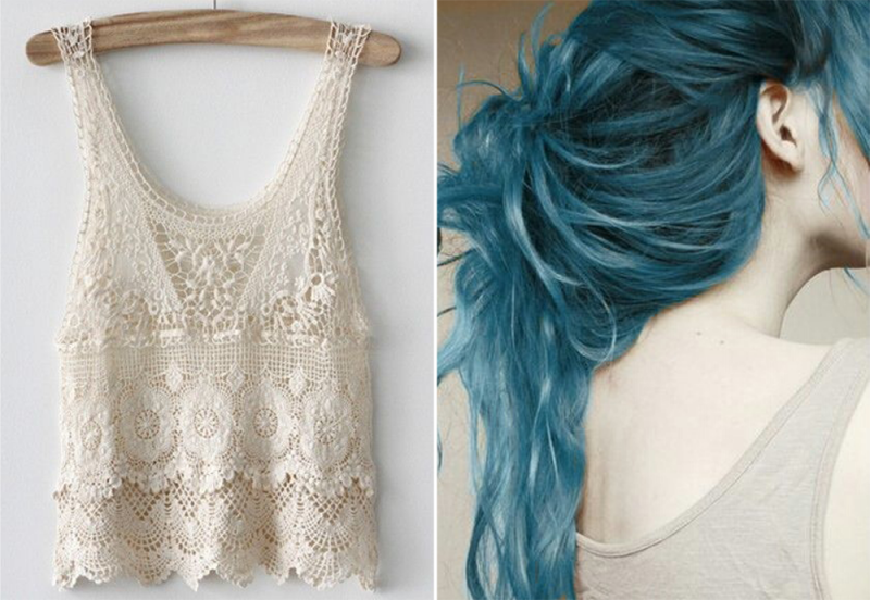Lace top, summer clothing, blue hair, messy hair, bohemian hair 