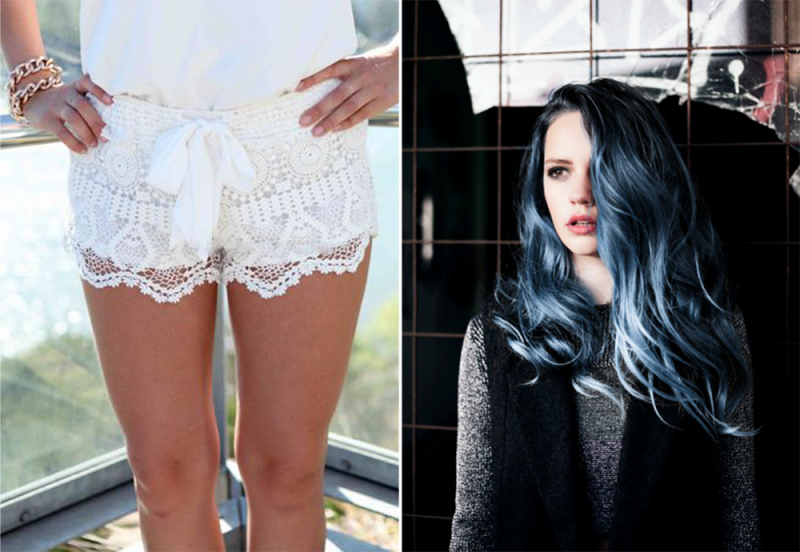 lace shorts, blue hair, dramatic hair, sexy hair