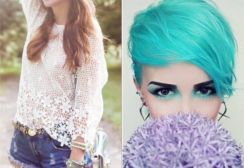 Lace top, crocheted top, summer top, blue hair, short hair styles, blue eye makeup, bubblegum hair