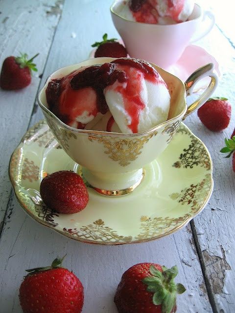Wine dessert recipe, Strawberry Sauce recipe, ice cream tea cup, teacup dessert, tea party dessert recipes, bridal shower recipes