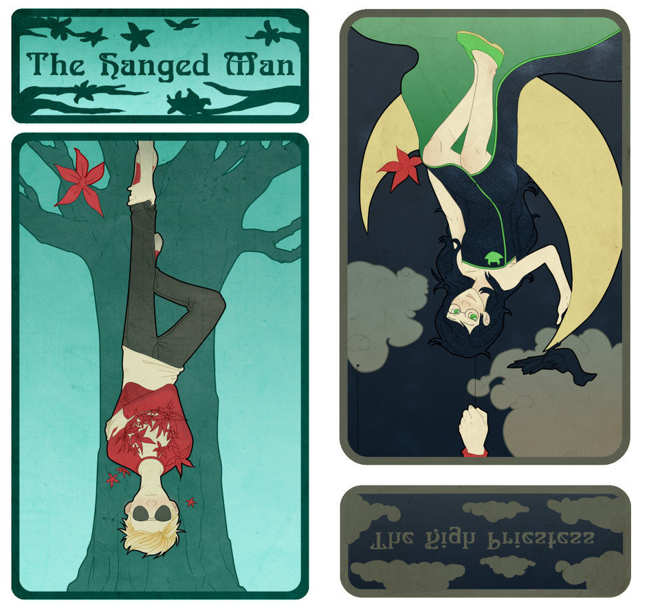 Two cards, side by side. The one on the left is labeled The Hanged Man and shows Dave Strider in his redsleeved shirt suspended upside-down from his ankle by an anonymous hand in front of one of LOFAF's trees. He has an armful of red flowers that fall towards the ground. The second image has been vertically flipped. It has been labeled The High Priestess and shows Jade Harley in her 3 AM dress sitting in the crook of a crescent moon. One of the red flowers lies beside her, and a crow perches on the moon's tip. She is smiling, and the moon and one cloud are suspended by strings. Another anonymous hand is holding the string supporting the moon.
