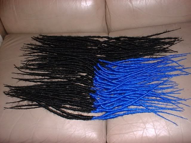 black and electric blue hair. There are 60 double enders - 20 lack and 40 lue and lack harlequin.