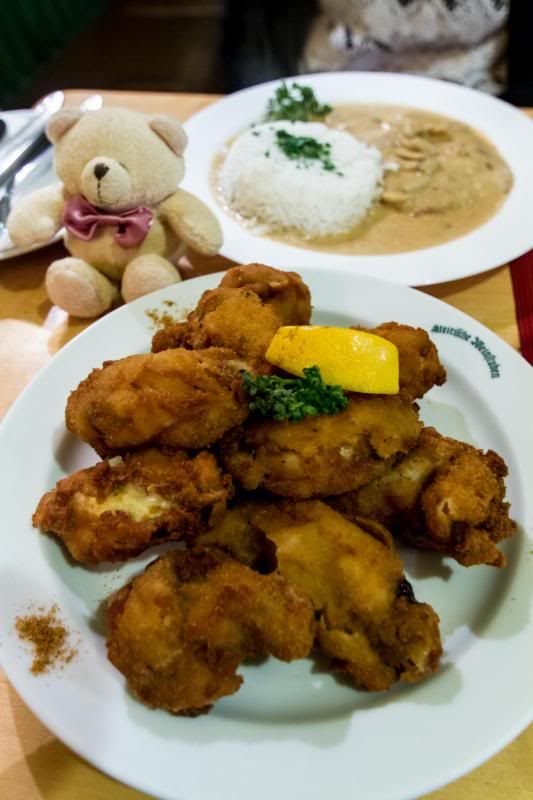 燉牛肉蘑菇飯、炸雞翼 (在薩爾斯堡住處附近)