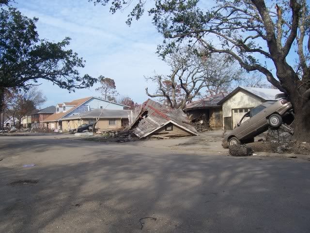 fallen house and a car against a tree Pictures, Images and Photos