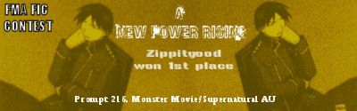 FMA Fic Contest 1st place banner, Roy sitting in his chair thinking